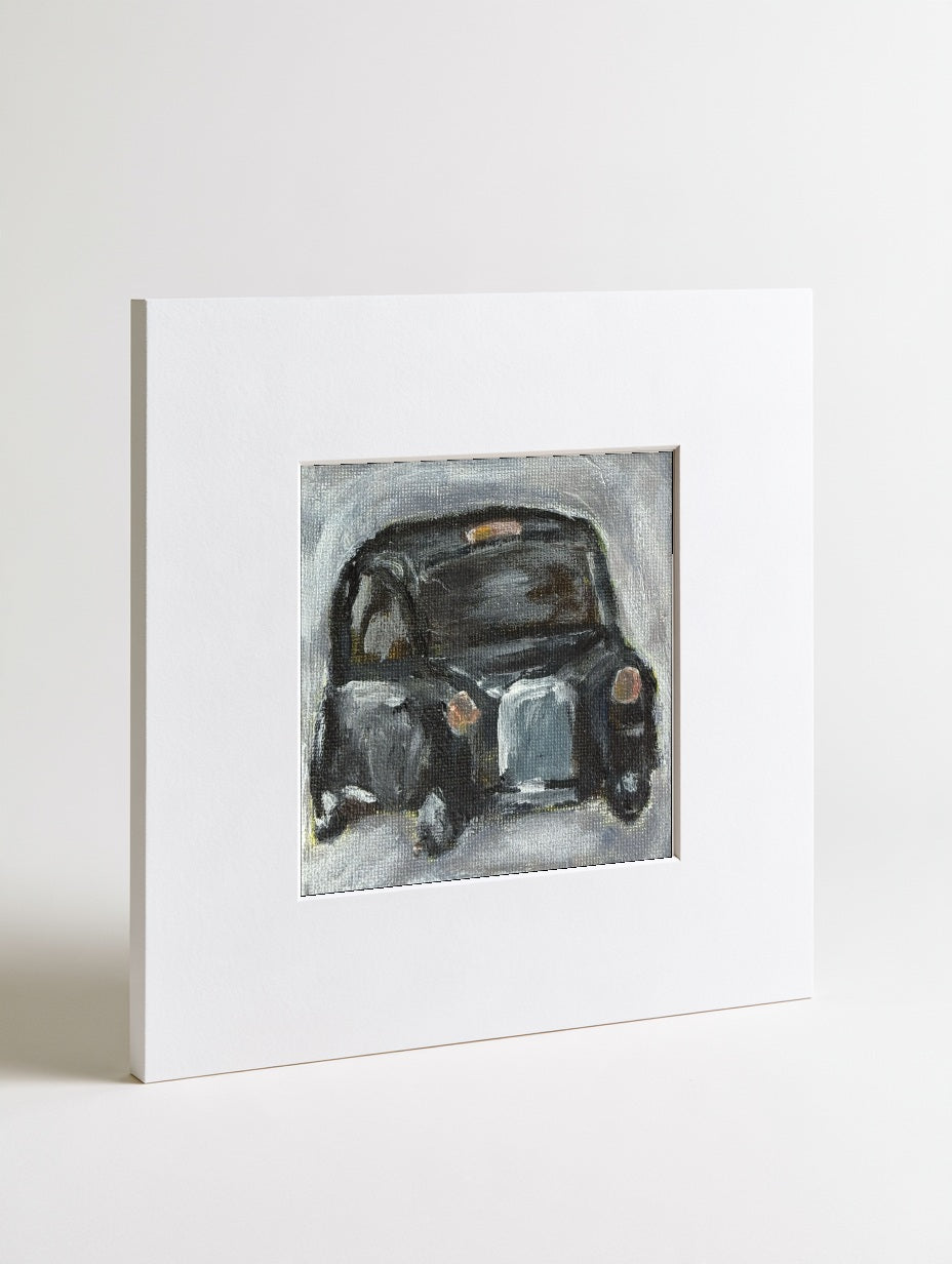 Black Cab mounted mini art print in a card mount, flat-lay view