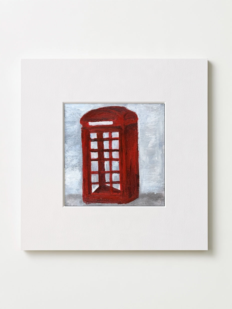 Red Telephone Box mounted mini art print in a white card mount