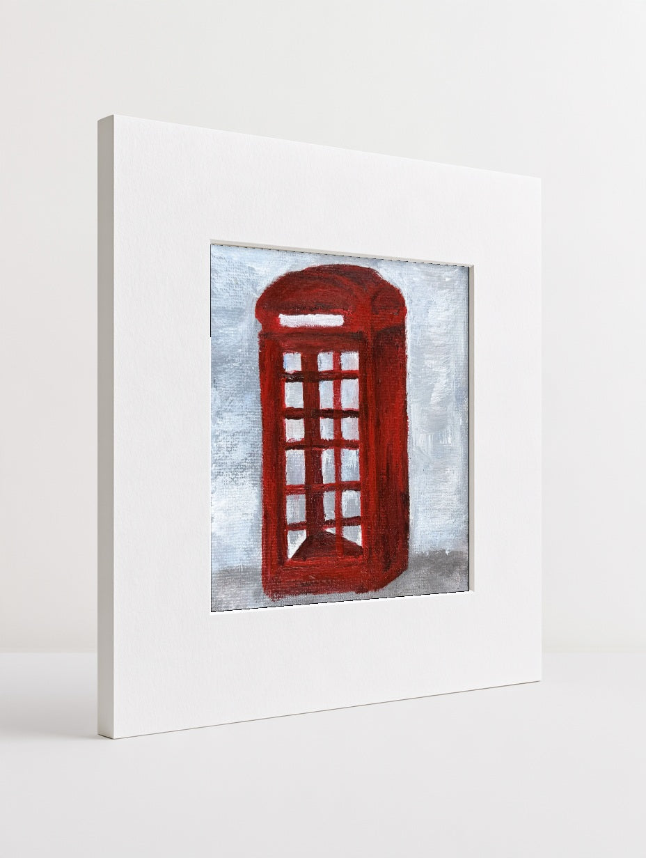 Red Telephone Box mounted mini art print in a card mount, styled view
