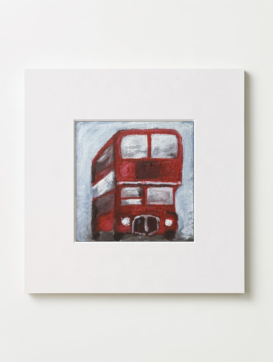 Red Bus mounted mini art print in a white card mount