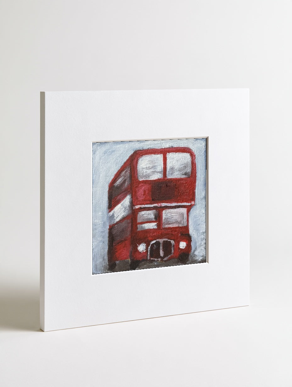 Red Bus mounted mini art print in a card mount, flat-lay view