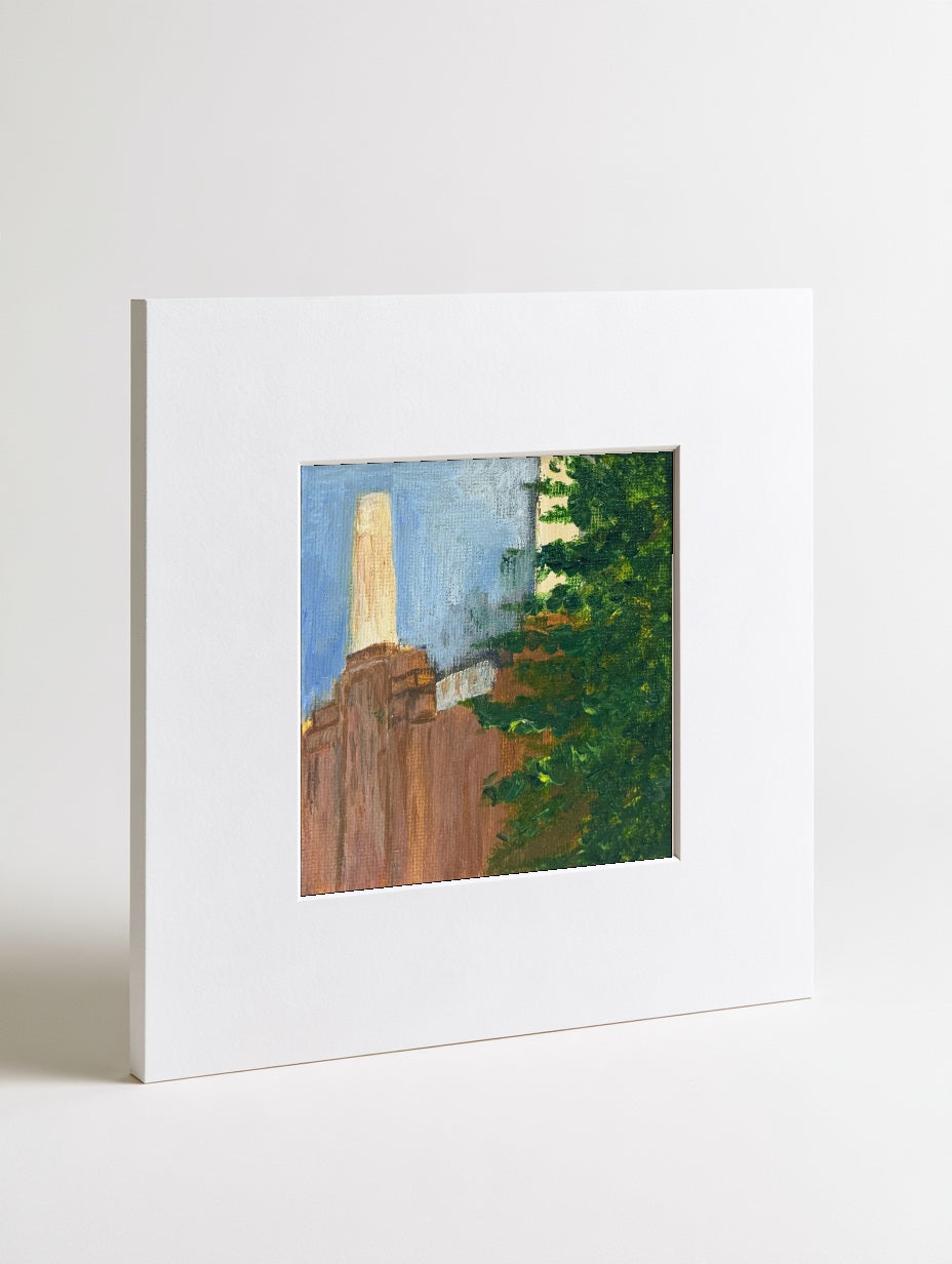Battersea Power Station mounted mini art print in a card mount, flat-lay view