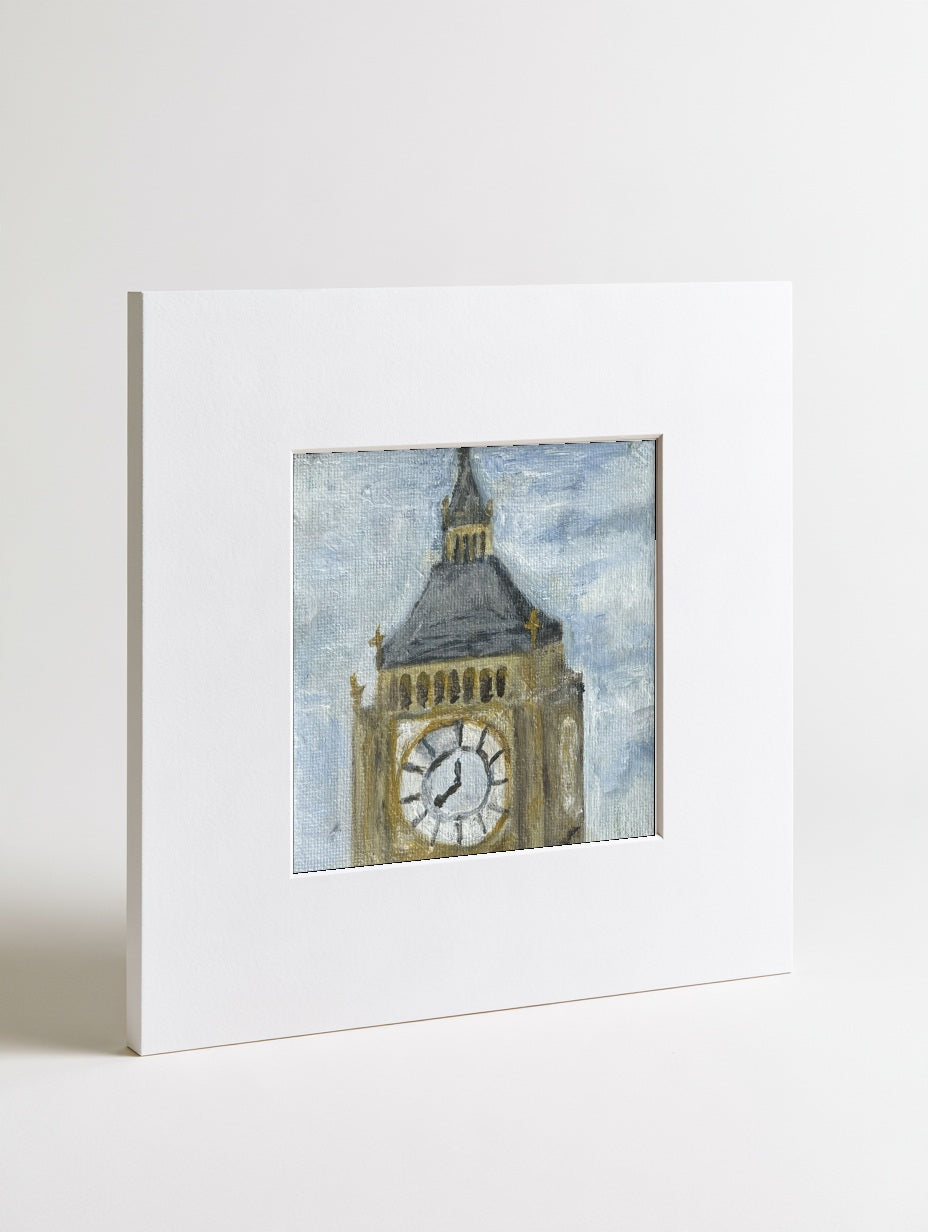 Big Ben mounted mini art print in a card mount, flat-lay view