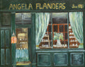 An oil painting of a storefront with the text 'ANGELA FLANDERS Since 1985' at the top. The shop facade is painted in deep forest green with gold lettering, light green curtains, and a window display filled with small white bottles and a vase of flowers.