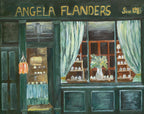 An oil painting of a storefront with the text 'ANGELA FLANDERS Since 1985' at the top. The shop facade is painted in deep forest green with gold lettering, light green curtains, and a window display filled with small white bottles and a vase of flowers.