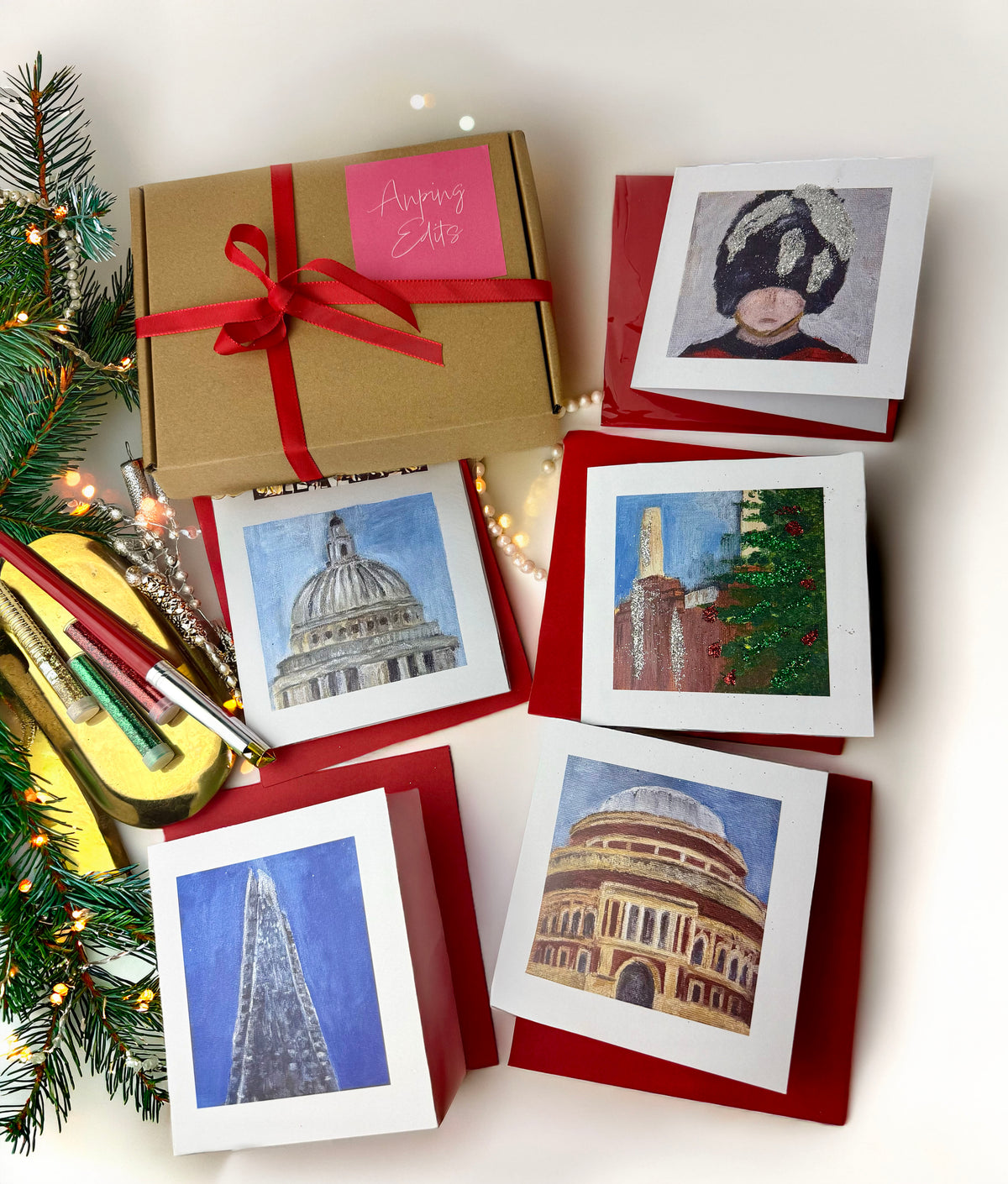 DIY London Christmas card kit – five cards printed with Jing's London paintings