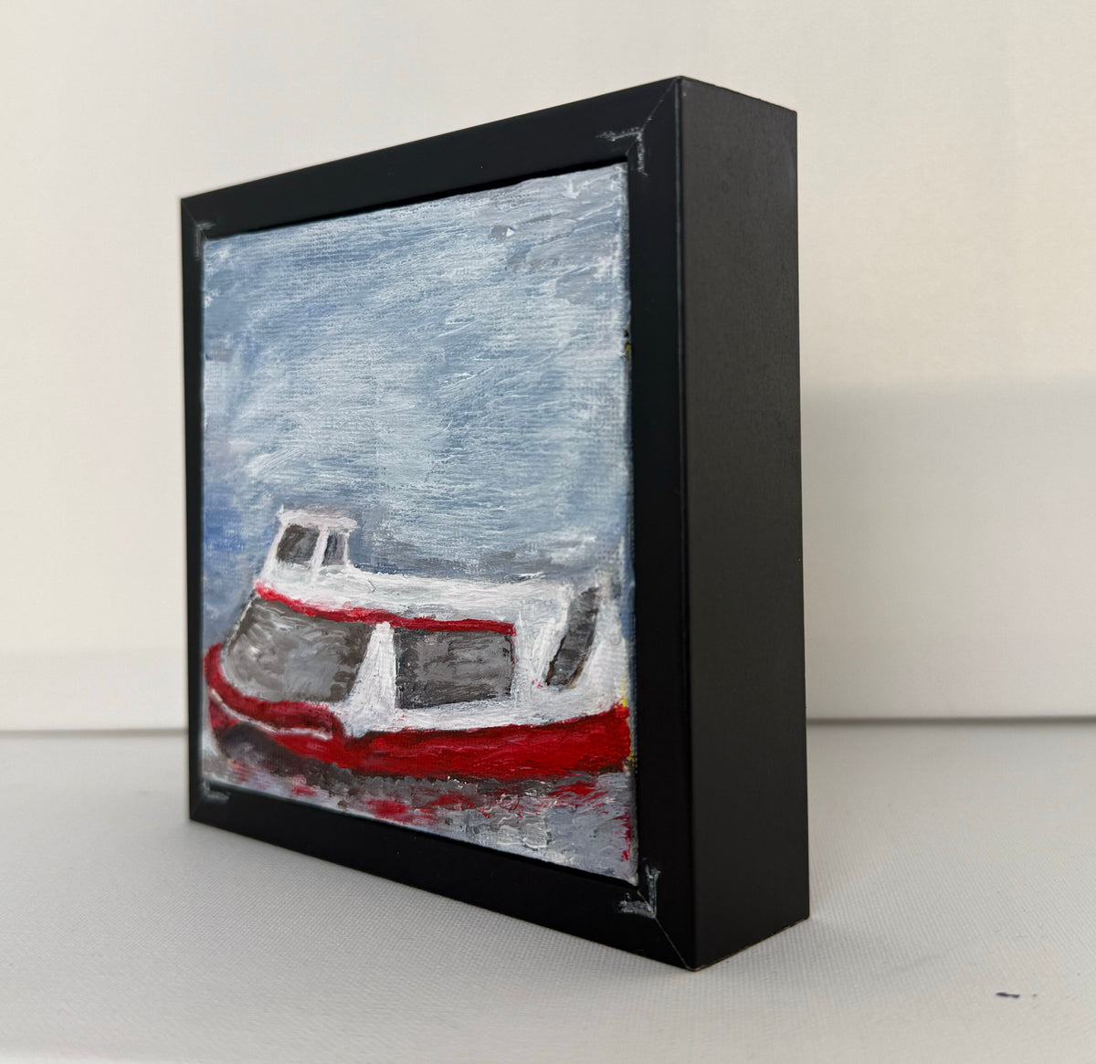 Side view of the framed London Ferry hand-painted London painting, showing frame depth