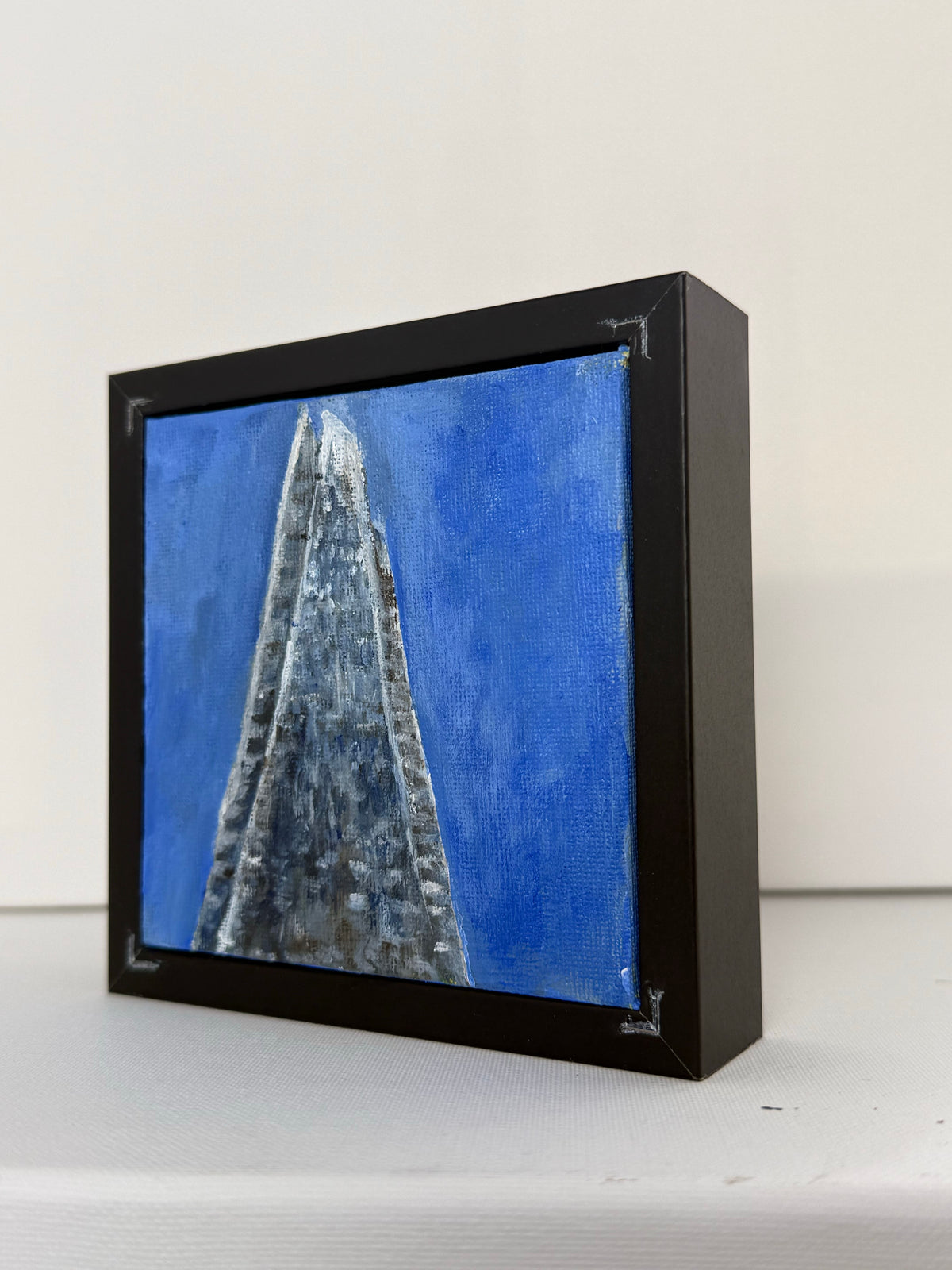 Side view of the framed Shard at golden hour hand-painted London painting, showing frame depth