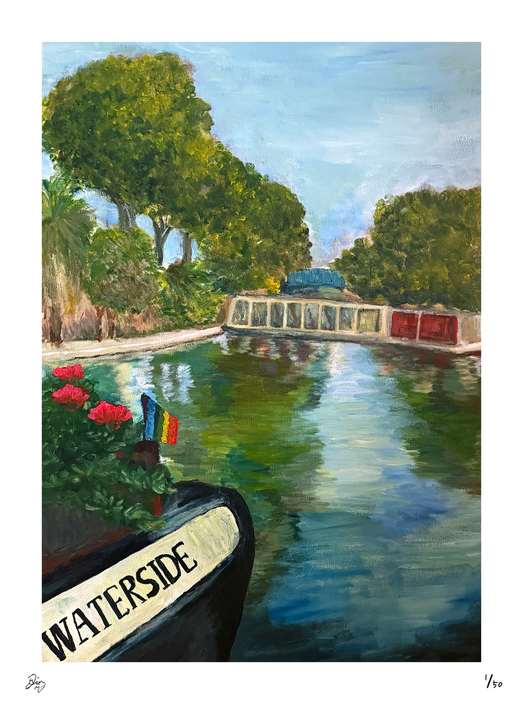 A landscape painting of a canal scene with green trees, blue water reflections, a small boat in the foreground labeled WATERSIDE, and a bridge in the distance. The artwork is shown centered on a white background.