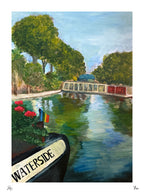 A landscape painting of a canal scene with green trees, blue water reflections, a small boat in the foreground labeled WATERSIDE, and a bridge in the distance. The artwork is shown centered on a white background.